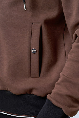 Triko Detaylı Kapüşonlu Erkek Fermuarlı Hoodie - Kahverengi