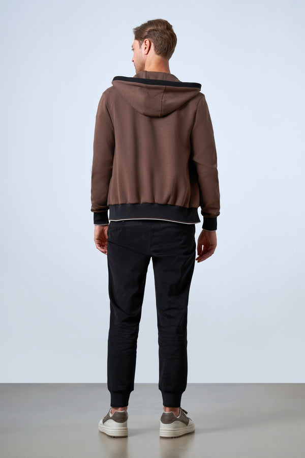 Triko Detaylı Kapüşonlu Erkek Fermuarlı Hoodie - Kahverengi
