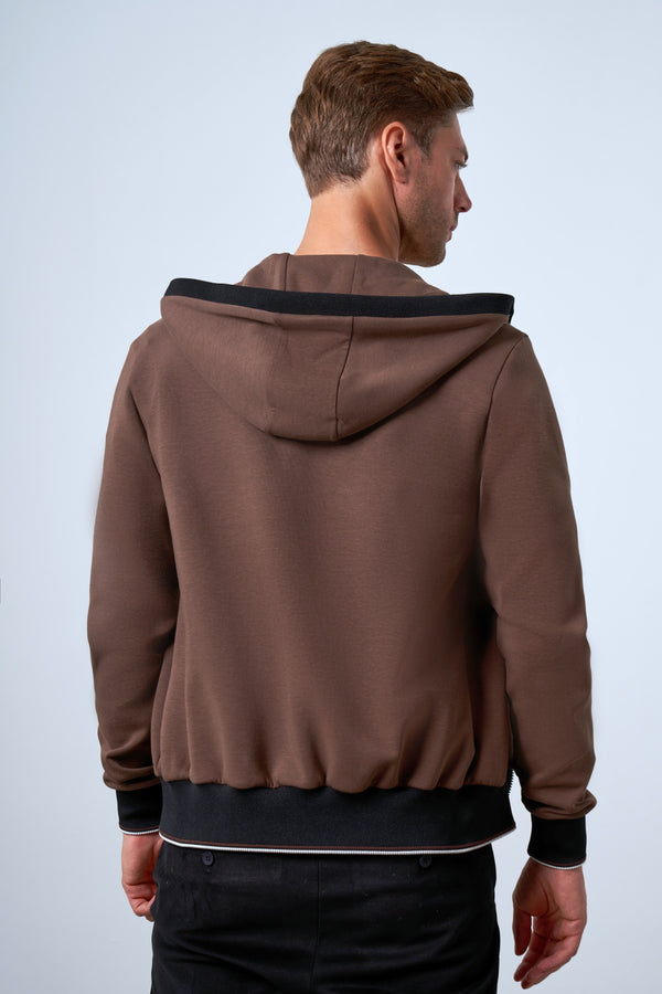 Triko Detaylı Kapüşonlu Erkek Fermuarlı Hoodie - Kahverengi
