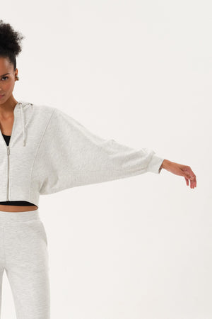 Yarasa Kollu Oversize Fermuarlı Kadın Crop Hoodie - Gri Melanj