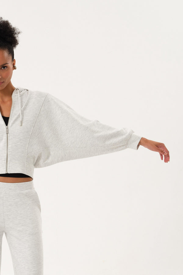 Yarasa Kollu Oversize Fermuarlı Kadın Crop Hoodie - Gri Melanj