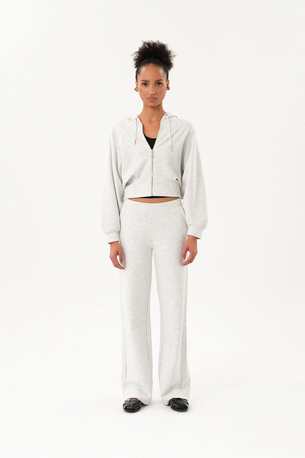 Yarasa Kollu Oversize Fermuarlı Kadın Crop Hoodie - Gri Melanj