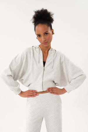 Yarasa Kollu Oversize Fermuarlı Kadın Crop Hoodie - Gri Melanj