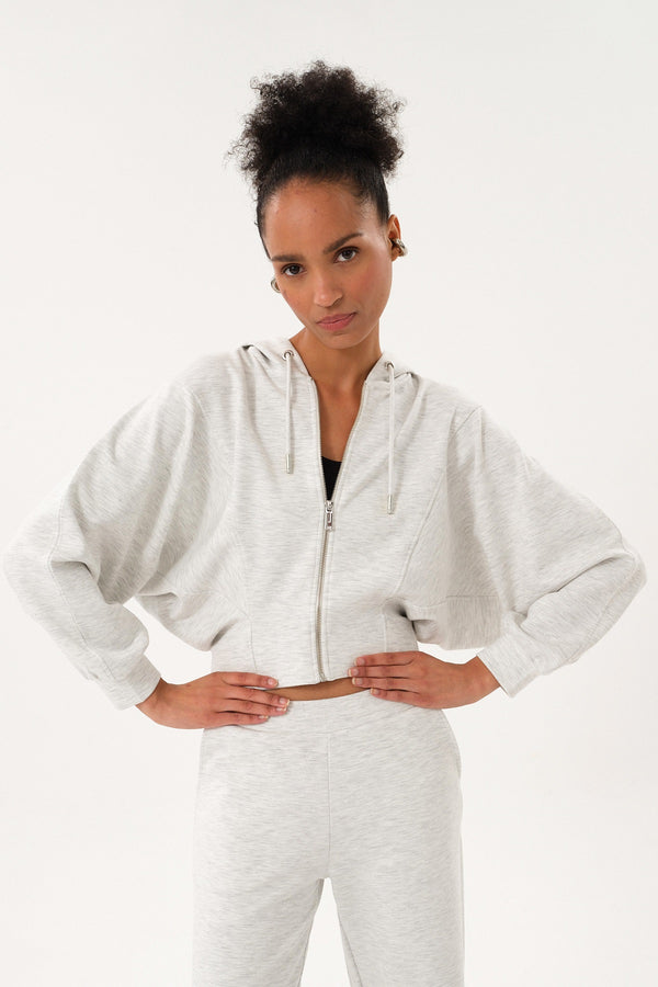 Yarasa Kollu Oversize Fermuarlı Kadın Crop Hoodie - Gri Melanj