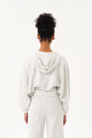 Yarasa Kollu Oversize Fermuarlı Kadın Crop Hoodie - Gri Melanj