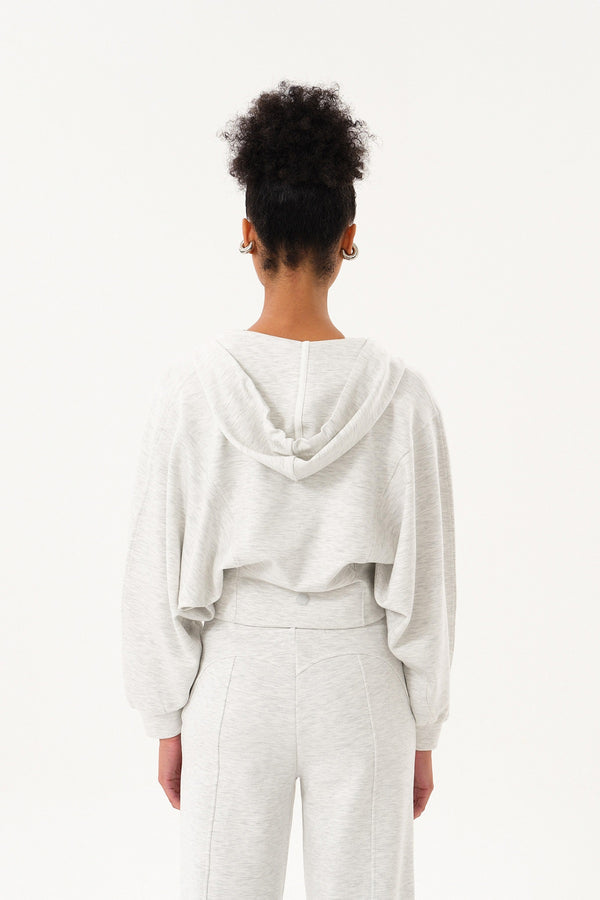 Yarasa Kollu Oversize Fermuarlı Kadın Crop Hoodie - Gri Melanj