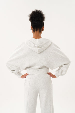 Yarasa Kollu Oversize Fermuarlı Kadın Crop Hoodie - Gri Melanj