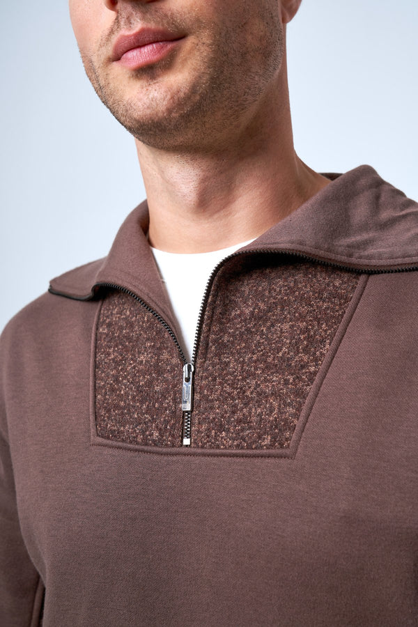 Yarım Fermuarlı Dik Yaka Erkek Sweatshirt - Kahverengi