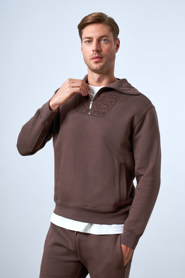 Yarım Fermuarlı Dik Yaka Erkek Sweatshirt - Kahverengi