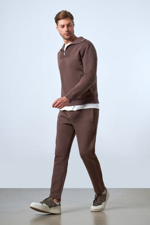 Yarım Fermuarlı Dik Yaka Erkek Sweatshirt - Kahverengi