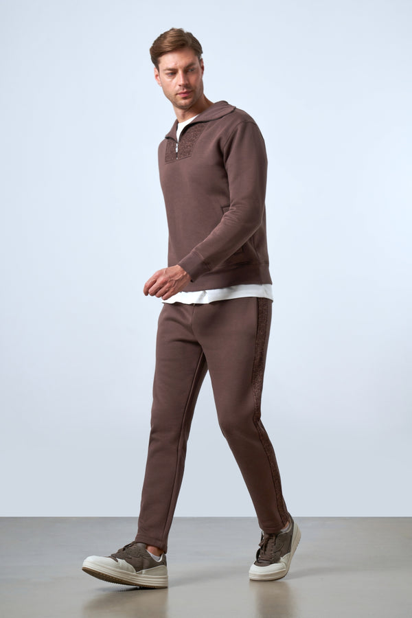 Yarım Fermuarlı Dik Yaka Erkek Sweatshirt - Kahverengi