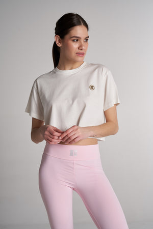 %100 Supima Pamuk Kadın Bisiklet Yaka Crop T-shirt - Beyaz