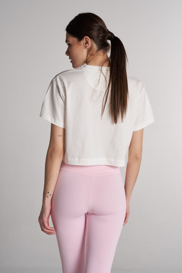 %100 Supima Pamuk Kadın Bisiklet Yaka Crop T-shirt - Beyaz