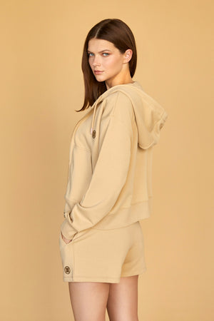 Baskı Detaylı Kapüşonlu Fermuarlı Kadın Sweatshirt - Bej