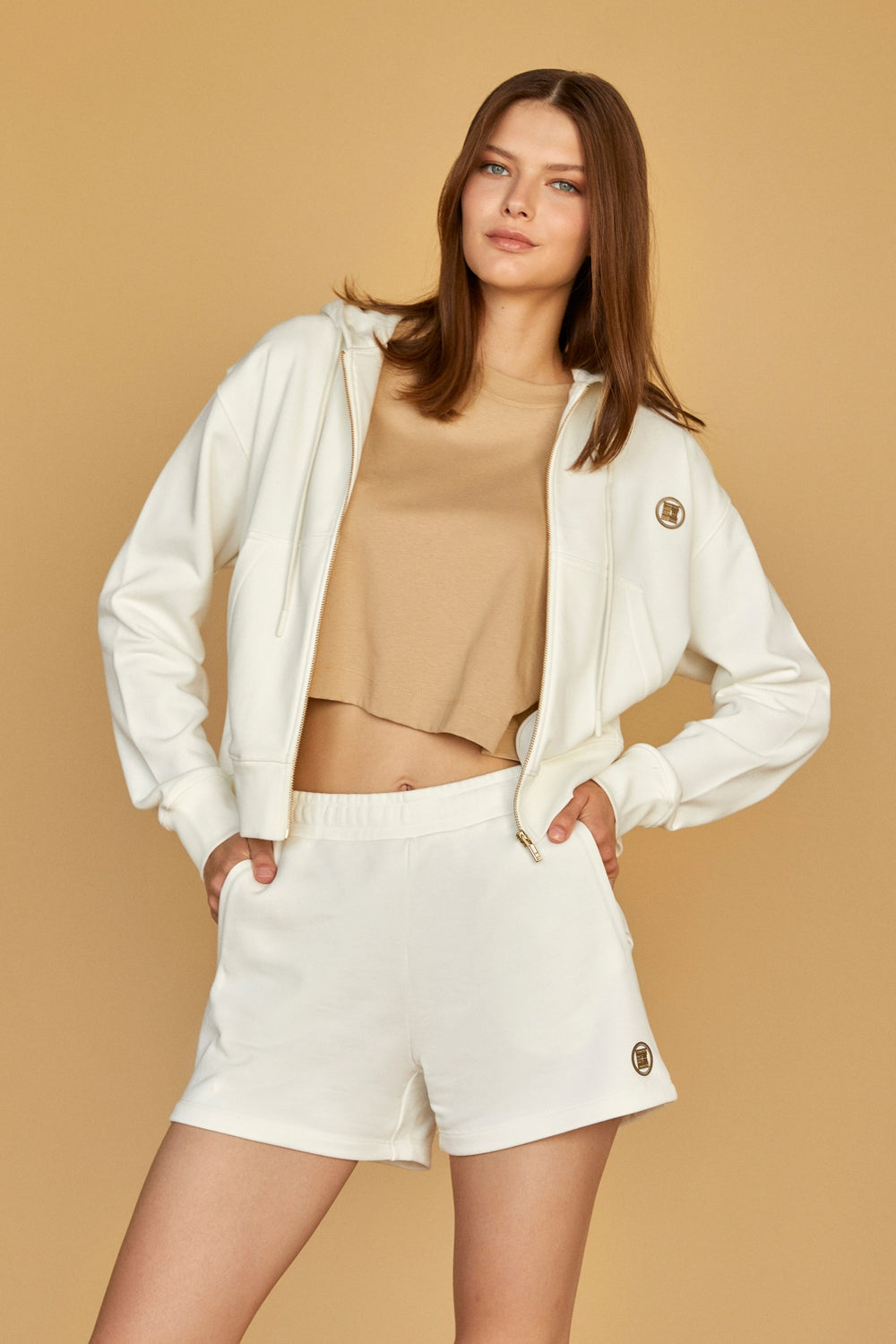 Baskı Detaylı Kapüşonlu Fermuarlı Kadın Sweatshirt - Ekru