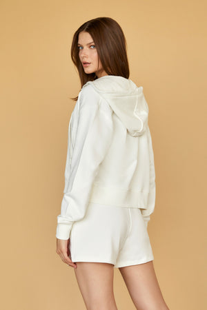 Baskı Detaylı Kapüşonlu Fermuarlı Kadın Sweatshirt - Ekru