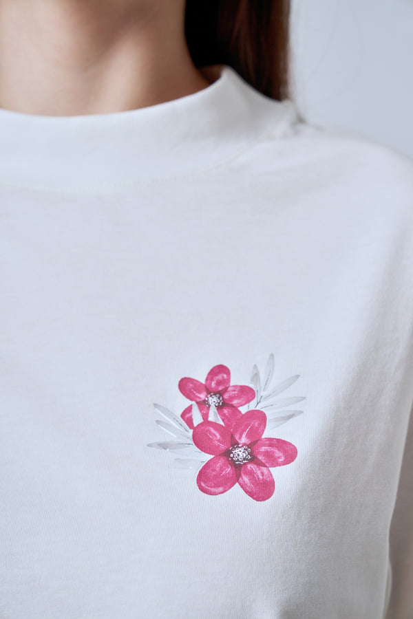 Baskı Detaylı Yüksek Yaka Oversize Kadın T-shirt - Ekru