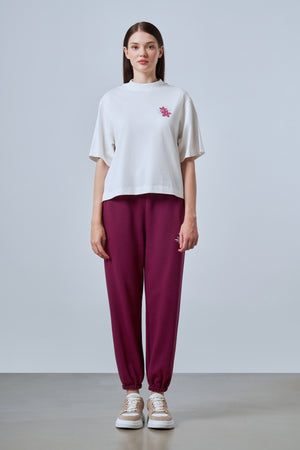 Baskı Detaylı Yüksek Yaka Oversize Kadın T-shirt - Ekru