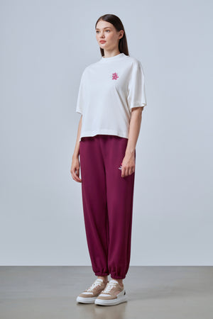 Baskı Detaylı Yüksek Yaka Oversize Kadın T-shirt - Ekru