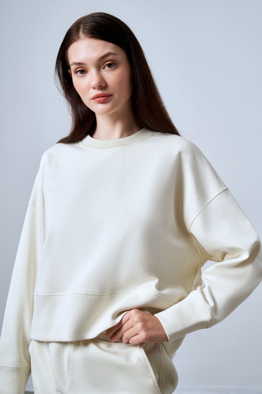 Bisiklet Yaka Oversize Kadın Sweatshirt - Ekru