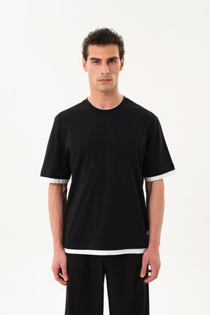 Çift Kat Kol ve Etek Uçlu Erkek Oversize Bisiklet Yaka T-shirt - Siyah