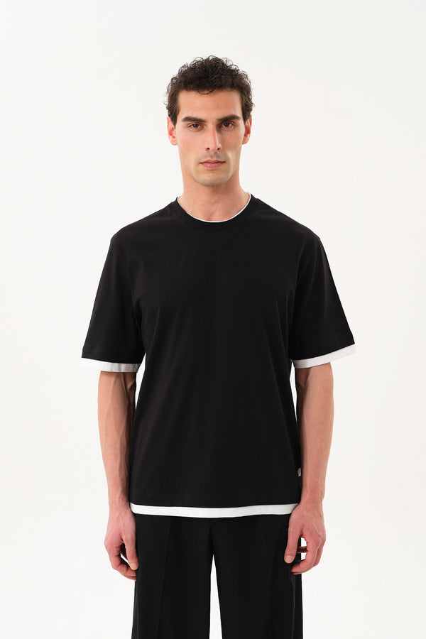 Çift Kat Kol ve Etek Uçlu Erkek Oversize Bisiklet Yaka T-shirt - Siyah