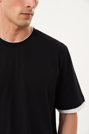 Çift Kat Kol ve Etek Uçlu Erkek Oversize Bisiklet Yaka T-shirt - Siyah