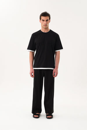 Çift Kat Kol ve Etek Uçlu Erkek Oversize Bisiklet Yaka T-shirt - Siyah