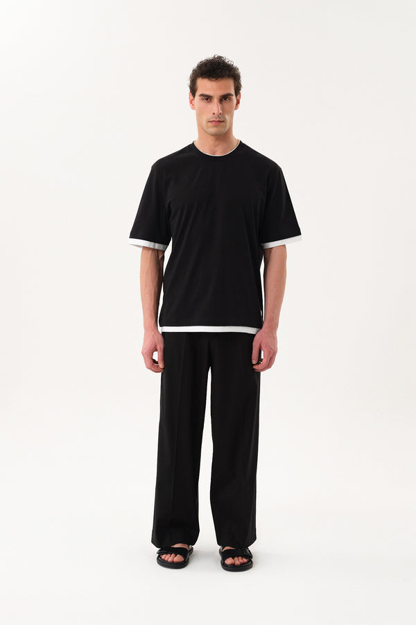 Çift Kat Kol ve Etek Uçlu Erkek Oversize Bisiklet Yaka T-shirt - Siyah