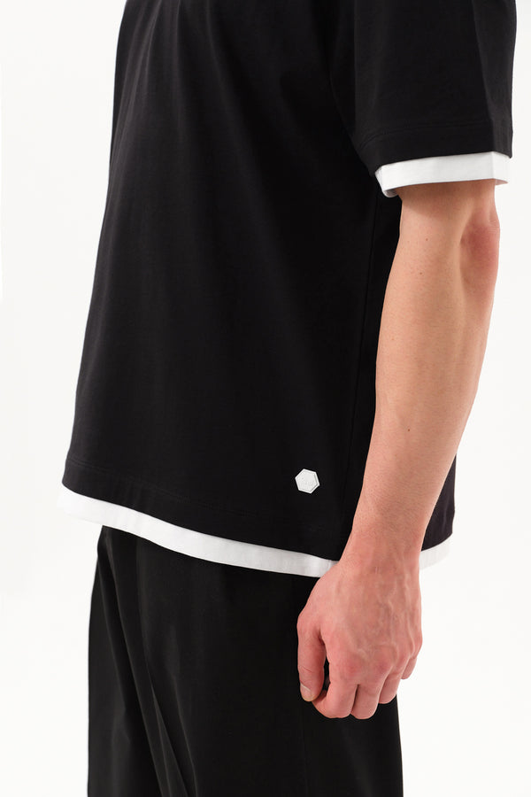 Çift Kat Kol ve Etek Uçlu Erkek Oversize Bisiklet Yaka T-shirt - Siyah