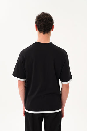 Çift Kat Kol ve Etek Uçlu Erkek Oversize Bisiklet Yaka T-shirt - Siyah