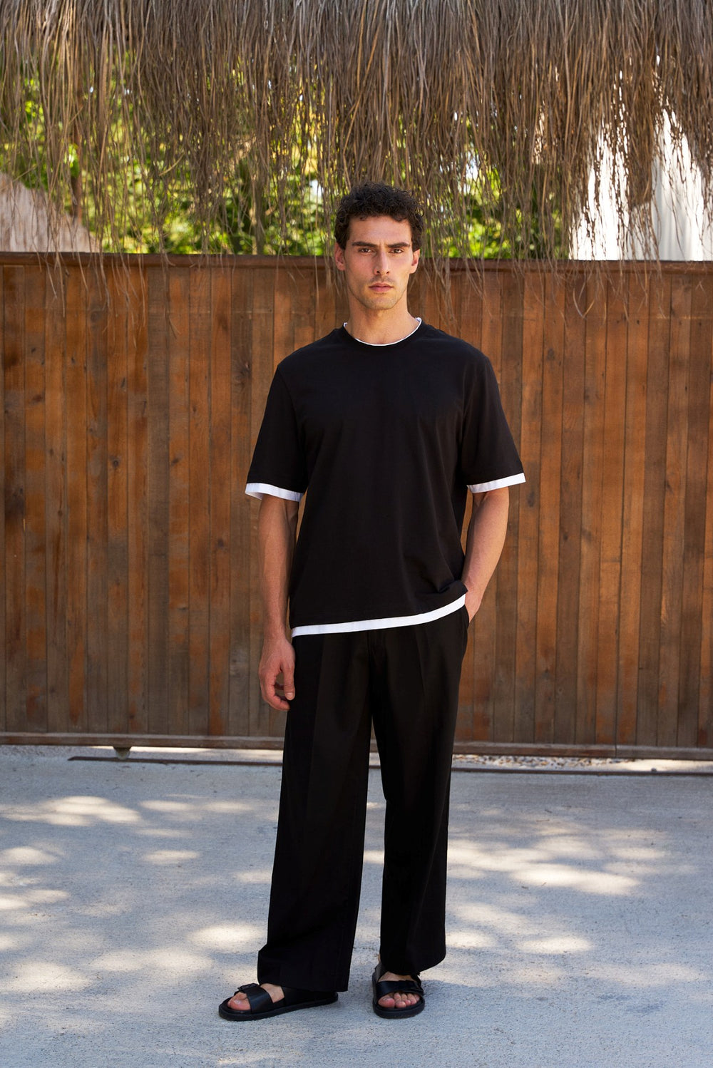 Çift Kat Kol ve Etek Uçlu Erkek Oversize Bisiklet Yaka T-shirt - Siyah