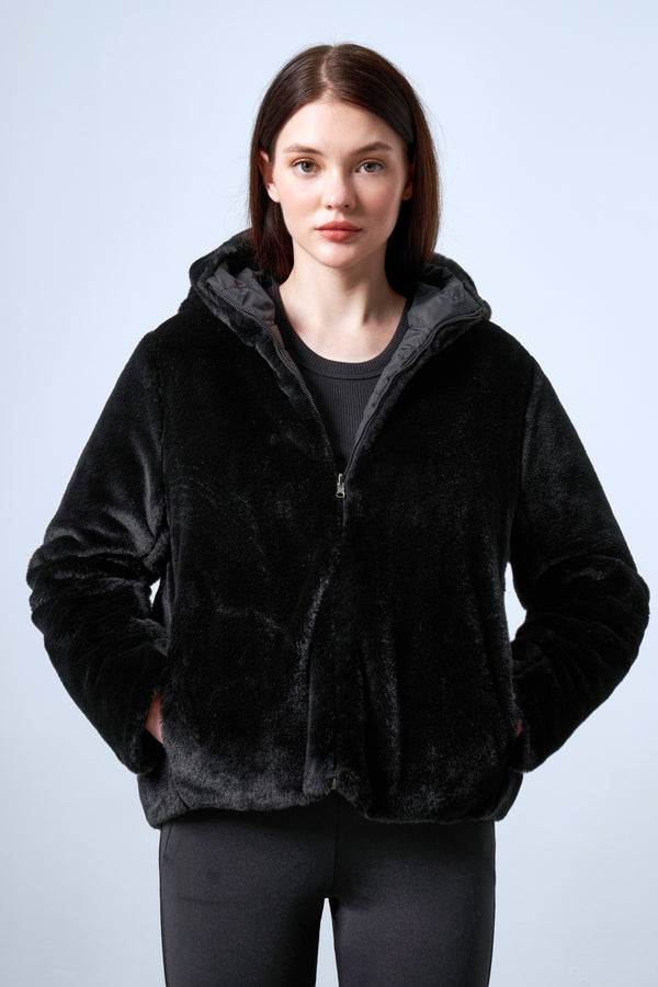 Çift Taraflı Peluş & Kapitone Kadın Mont - Siyah