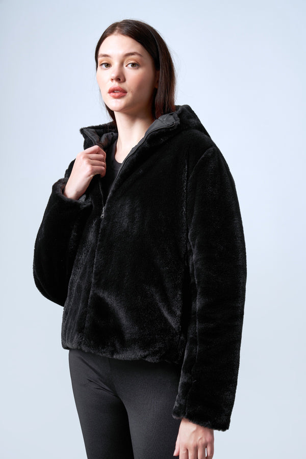 Çift Taraflı Peluş & Kapitone Kadın Mont - Siyah
