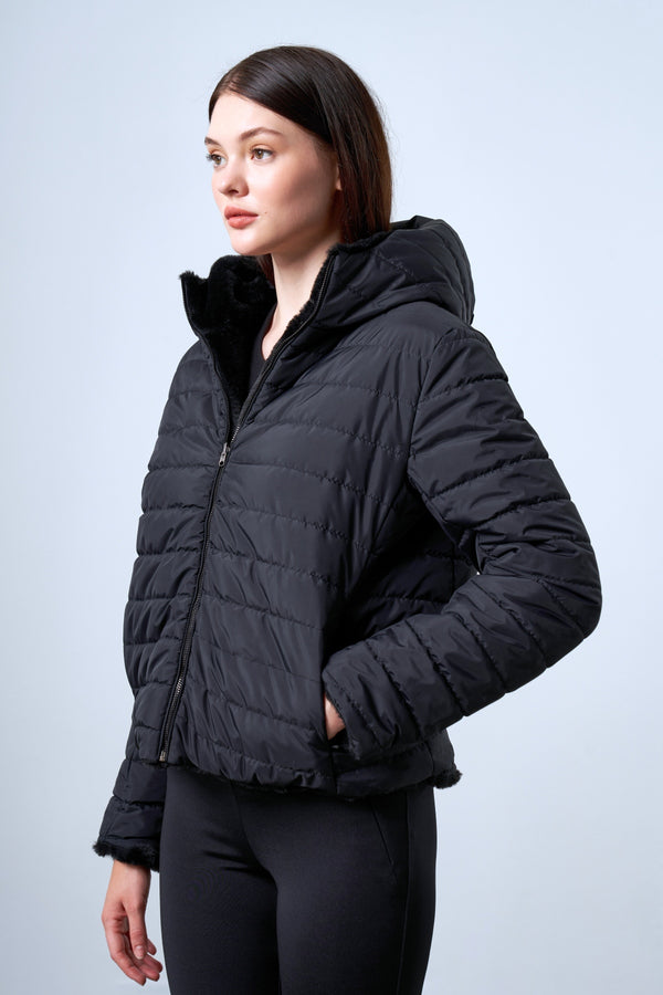 Çift Taraflı Peluş & Kapitone Kadın Mont - Siyah