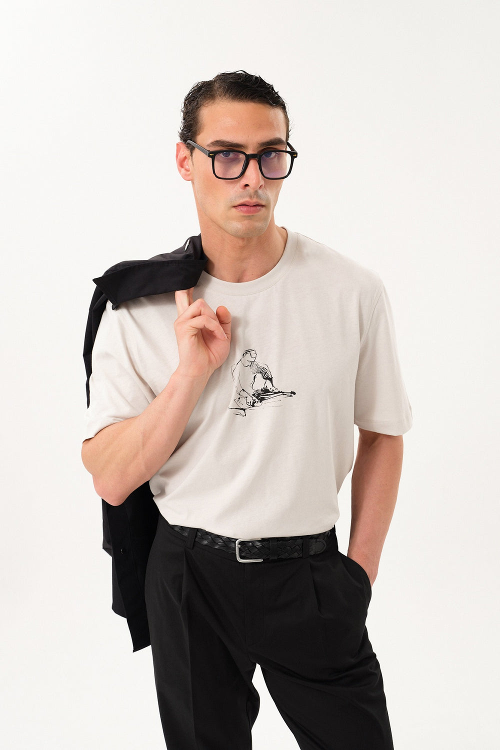 DJ Grafik Baskılı Erkek Oversize Bisiklet Yaka T-shirt - Gri