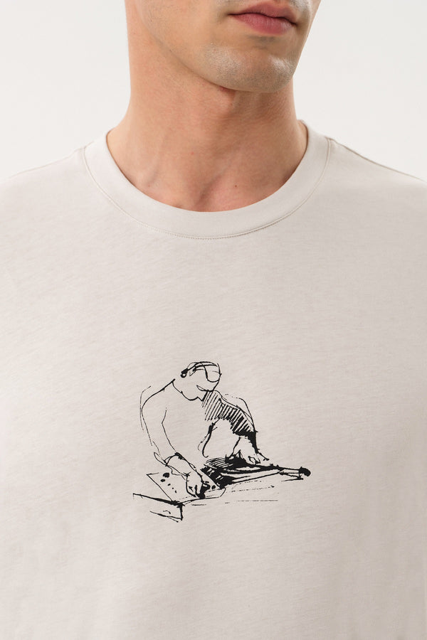 DJ Grafik Baskılı Erkek Oversize Bisiklet Yaka T-shirt - Gri