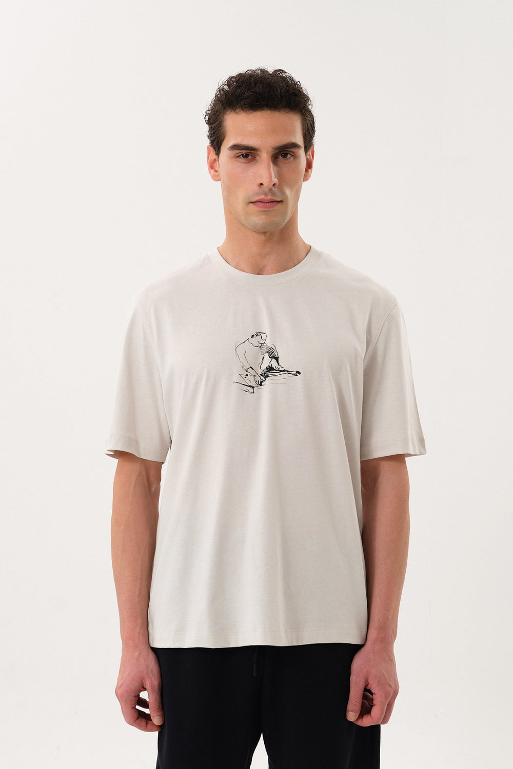 DJ Grafik Baskılı Erkek Oversize Bisiklet Yaka T-shirt - Gri