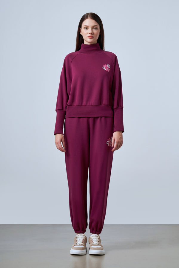 Floral Baskılı Boğazlı Kadın Sweatshirt - Bordo
