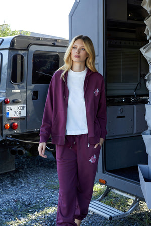 Floral Baskılı Oversize Fermuarlı Kadın Hoodie - Bordo