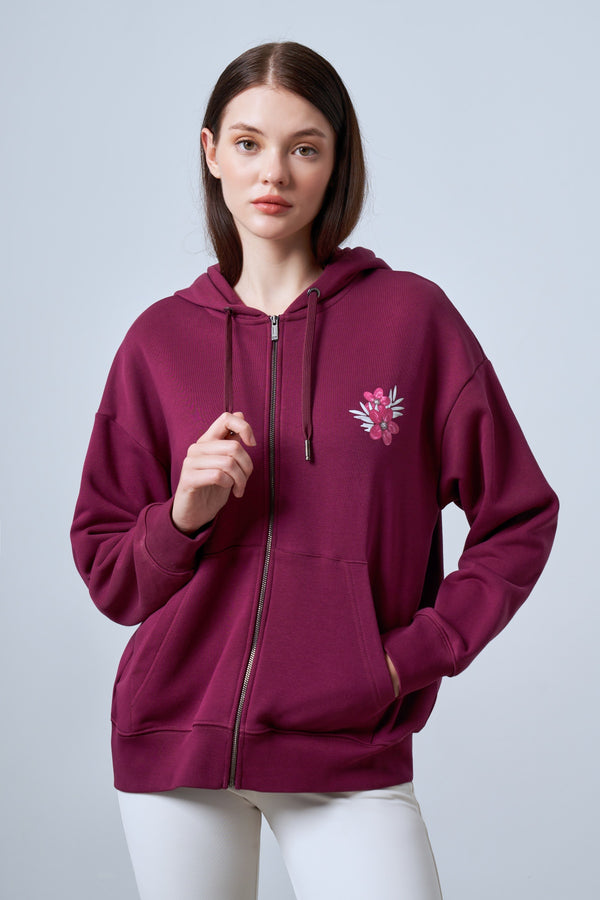 Floral Baskılı Oversize Fermuarlı Kadın Hoodie - Bordo