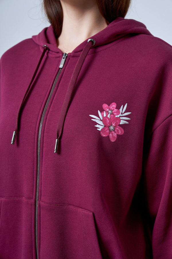 Floral Baskılı Oversize Fermuarlı Kadın Hoodie - Bordo