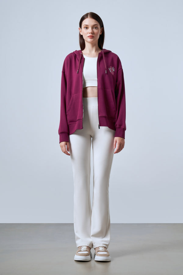 Floral Baskılı Oversize Fermuarlı Kadın Hoodie - Bordo