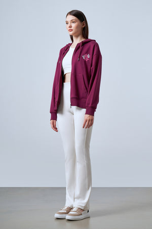 Floral Baskılı Oversize Fermuarlı Kadın Hoodie - Bordo