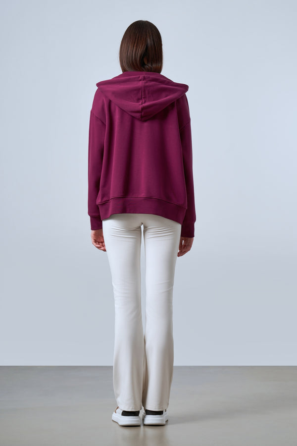 Floral Baskılı Oversize Fermuarlı Kadın Hoodie - Bordo