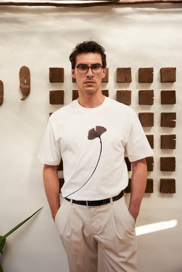 Ginkgo Yaprak Baskılı Oversize Erkek Bisiklet Yaka T-shirt - Ekru