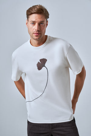Ginkgo Yaprak Baskılı Oversize Erkek Bisiklet Yaka T-shirt - Ekru