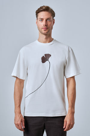 Ginkgo Yaprak Baskılı Oversize Erkek Bisiklet Yaka T-shirt - Ekru