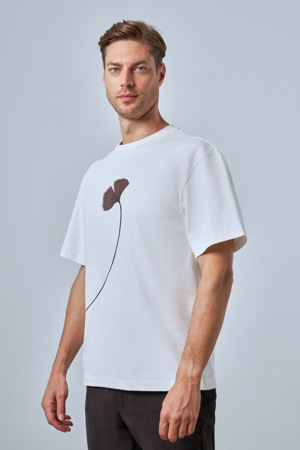 Ginkgo Yaprak Baskılı Oversize Erkek Bisiklet Yaka T-shirt - Ekru