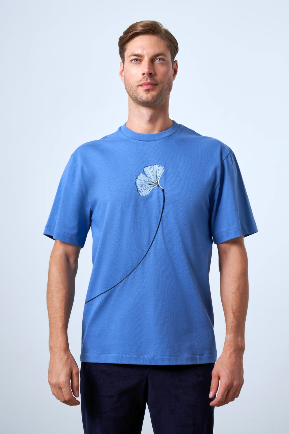 Ginkgo Yaprak Baskılı Oversize Erkek Bisiklet Yaka T-shirt - Mavi
